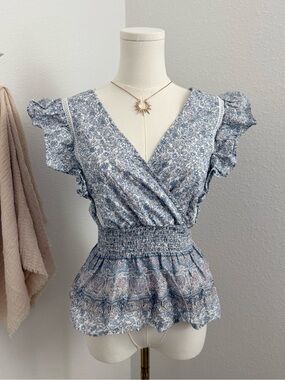 Twine & String Blue Floral Paisley Peplum Boho Cottagecore Top